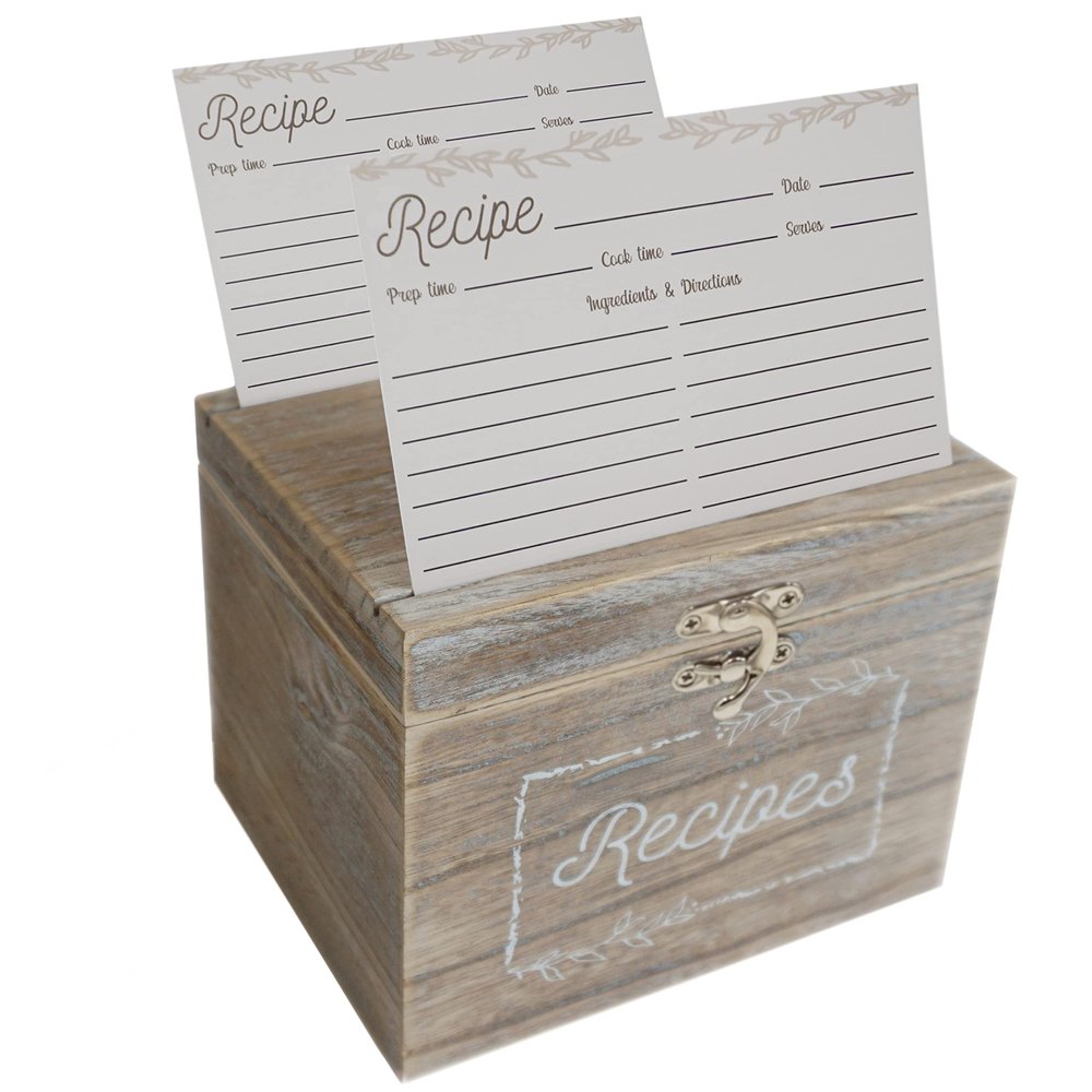 Dekali Designs Rustic Recipe Box and Cards and Dividers (4x6 Inches) - Comes with 50 Recipe Cards and 12 Beautiful Dividers - Wood Recipe Holder With Dual Slots