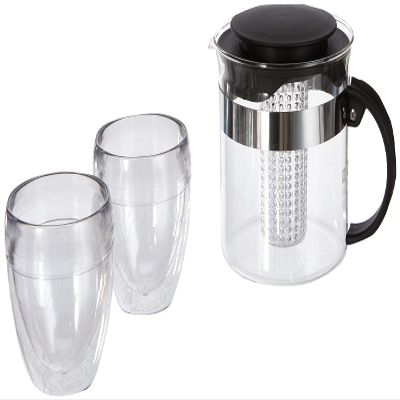 BODUM K1875-01 Bistro Set of 2 Tumblers PAVINA OUTDOOR, 0.25 L + Teapot with Plastic Filter, 1 Liter