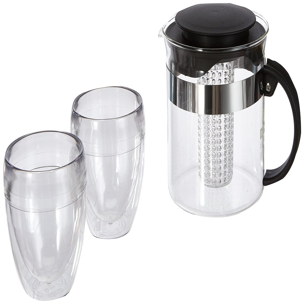 BODUM K1875-01 Bistro Set of 2 Tumblers PAVINA OUTDOOR, 0.25 L + Teapot with Plastic Filter, 1 Liter