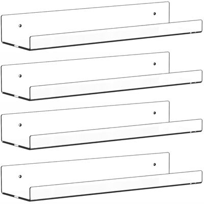 4 Pack Clear Acrylic Shelves for Wall with Adhesive,15 Inch No Drill Floating Shelves for Bathroom,Bedroom,Renter Friendly,Kids Room Bookshelf,Wall Display Shelf for Lego,Funko Pop,Figurine,Perfume