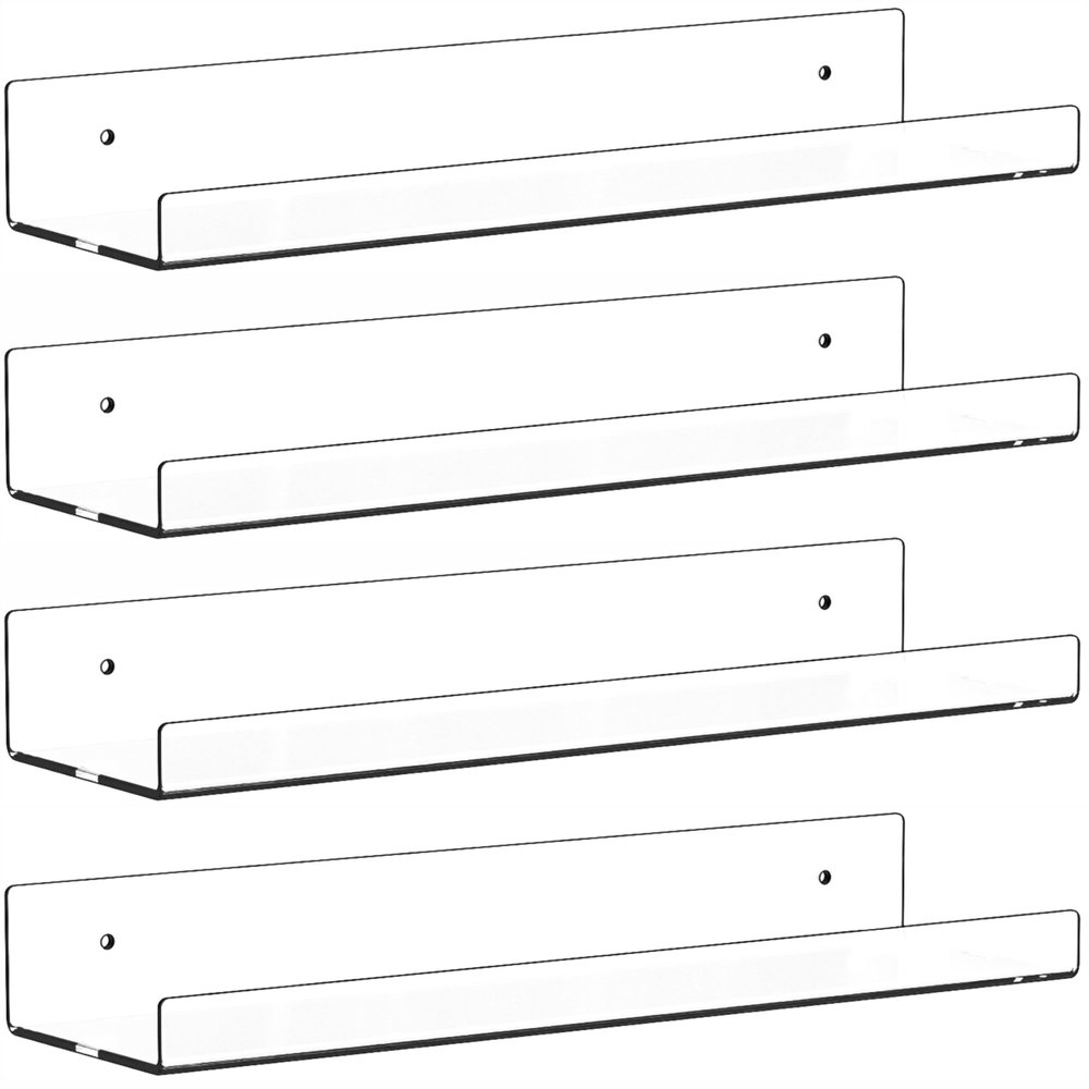4 Pack Clear Acrylic Shelves for Wall with Adhesive,15 Inch No Drill Floating Shelves for Bathroom,Bedroom,Renter Friendly,Kids Room Bookshelf,Wall Display Shelf for Lego,Funko Pop,Figurine,Perfume