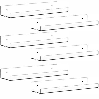 6 Pack Clear Acrylic Shelves for Wall with Adhesive,15 Inch No Drill Floating Shelves for Bathroom,Bedroom,Renter Friendly,Kids Room Bookshelf,Wall Display Shelf for Lego,Funko Pop,Figurine,Perfume