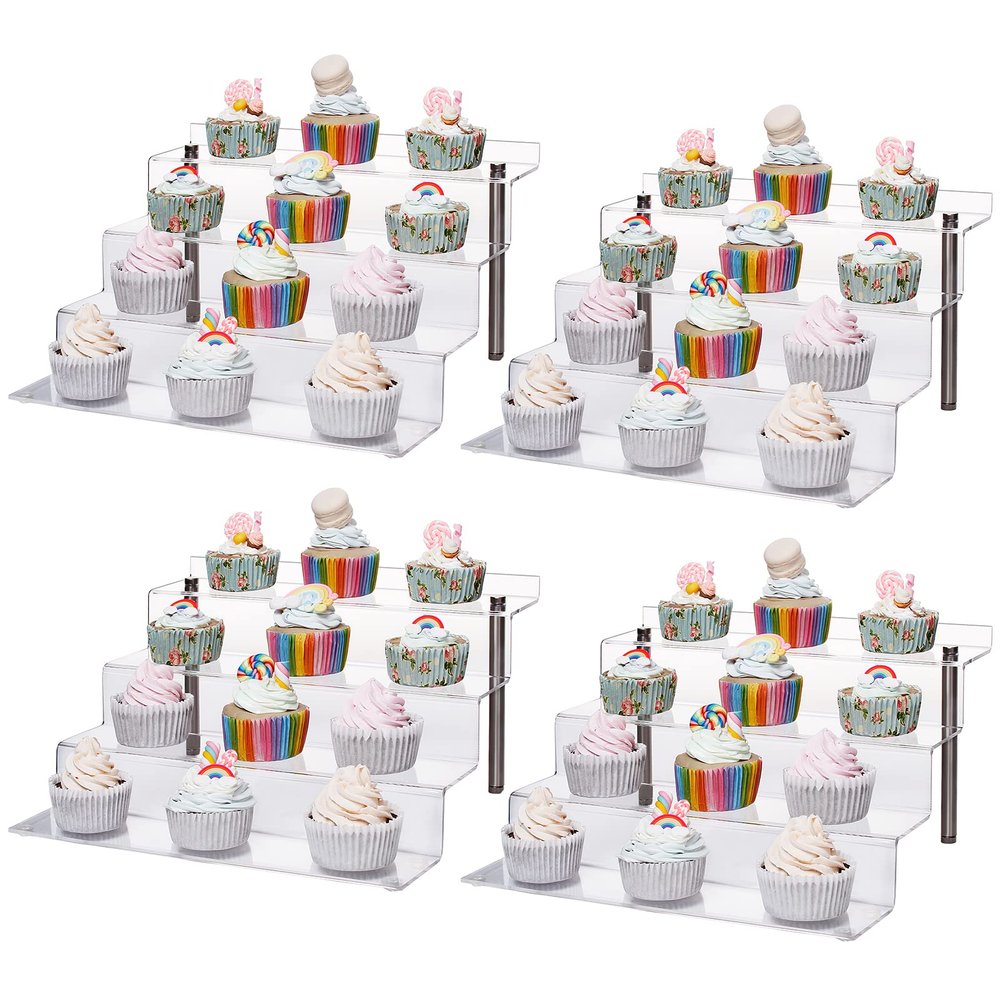 CECOLIC Acrylic Riser Shelf 4 Tier Clear Display Stand for Collectibles Pop Figures, Cupcakes, Perfumes, Display Risers for Decorating & Organizing - 11.8 x 10.8 x 6.5 in (Large, 4 Pack)