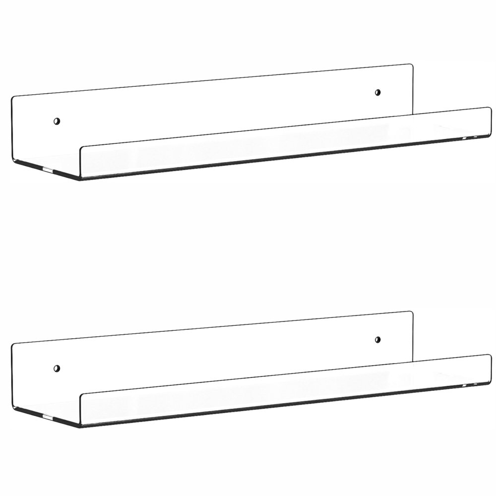 2 Pack Clear Acrylic Shelves for Wall with Adhesive,15 Inch No Drill Floating Shelves for Bathroom,Bedroom,Renter Friendly,Kids Room Bookshelf,Wall Display Shelf for Lego,Funko Pop,Figurine,Perfume