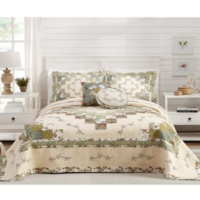 Modern Heirloom Olivia Embroidered Quilted Bedspread - Lightweight Breathable All Seasons Bedding, King, Green/Cream