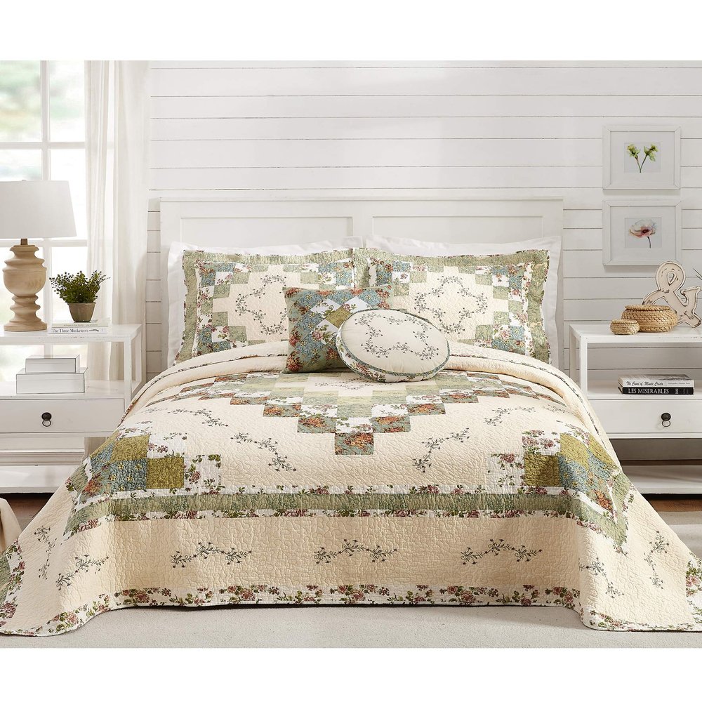 Modern Heirloom Olivia Embroidered Quilted Bedspread - Lightweight Breathable All Seasons Bedding, King, Green/Cream