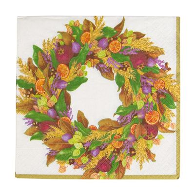 Caspari Autumn Wreath Paper Luncheon Napkins in Ivory - Four Packs of 20