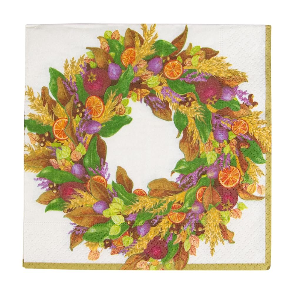 Caspari Autumn Wreath Paper Luncheon Napkins in Ivory - Four Packs of 20