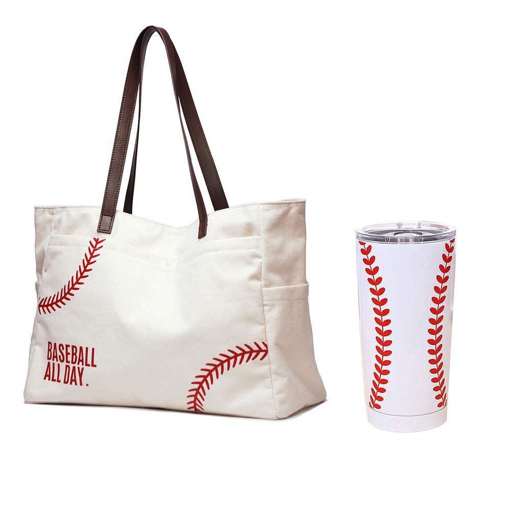 Baseball Mom Tote Handbag & 20OZ Tumbler Mugs Packages Baseball Embroidery Sports Mom Bag Baseball Themed Gifts for Women Baseball Coaches Lover