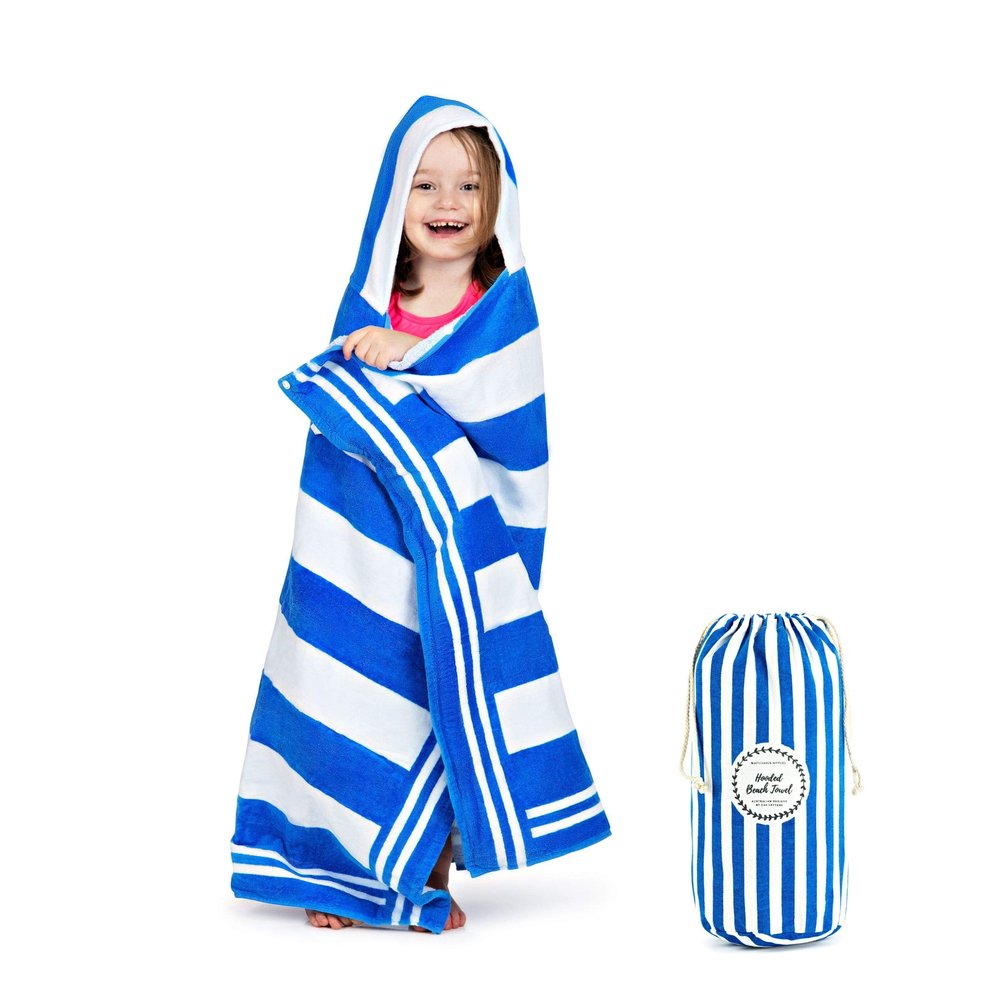 Premium Large Hooded Beach Towel for Kids Aged 3-10 | Drawstring Carry Bag Included | Size 30"x50" | Classic Children's Beach Towels for Girls and Boys | 100% Cotton Kids Beach Towel- Ocean Blue