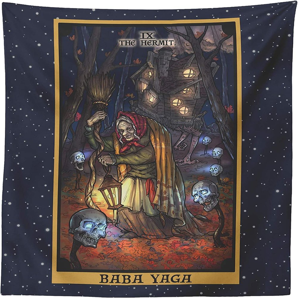 Baba Yaga The Hermit Tarot Card Tapestry - Slavic Pagan Witchcraft Wall Hanging Home Decor (80" x 68")