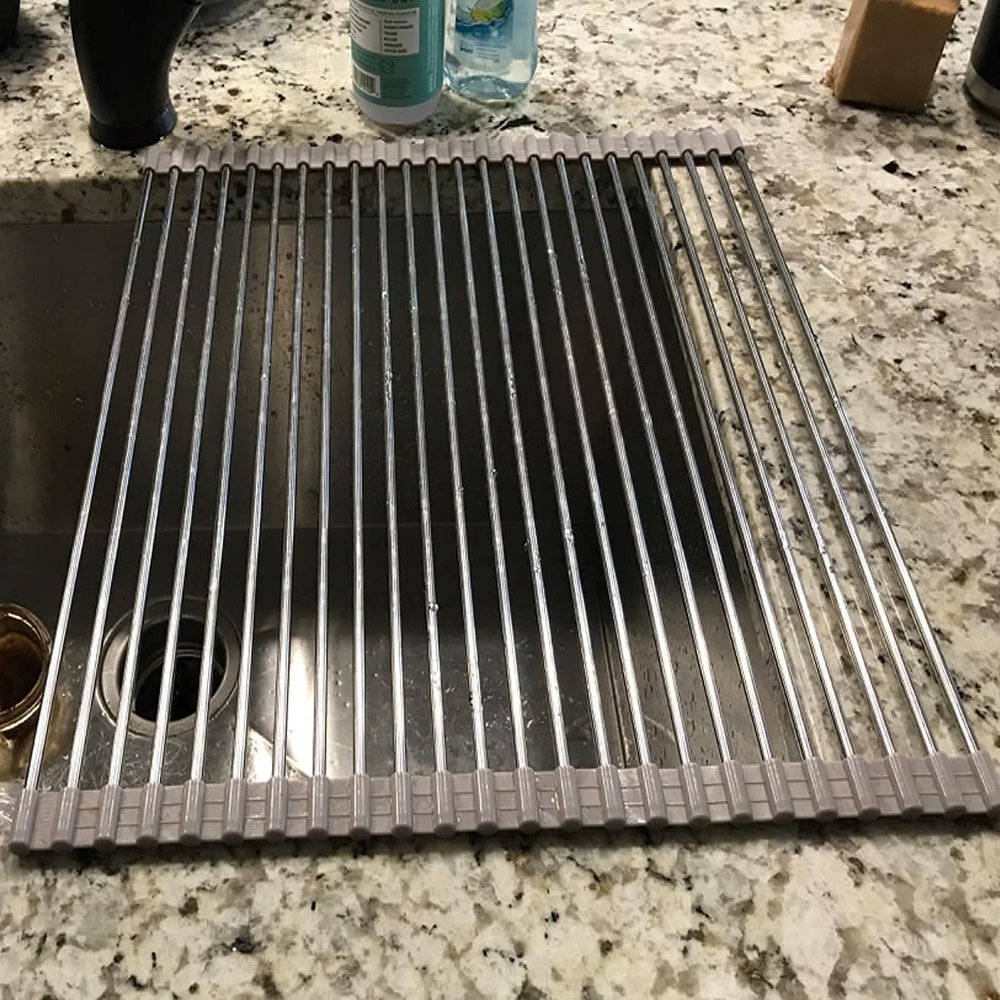Ahyuan Roll up Dish Drying Rack Over The Sink Kitchen Roll up Sink Drying Rack Portable Dish Drainer Foldable Dish Drying Rack (Warm Gray, 17.8''X15.8'')