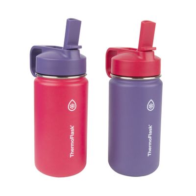 ThermoFlask Kids 14 oz Insulated Water Bottles with Straw Lid BPA-Free Stainless Steel Leakproof & Spill-Proof Design Easy Clean Wide Mouth 2-Pack for School, Sports, Playdates, Punch/Eggplant