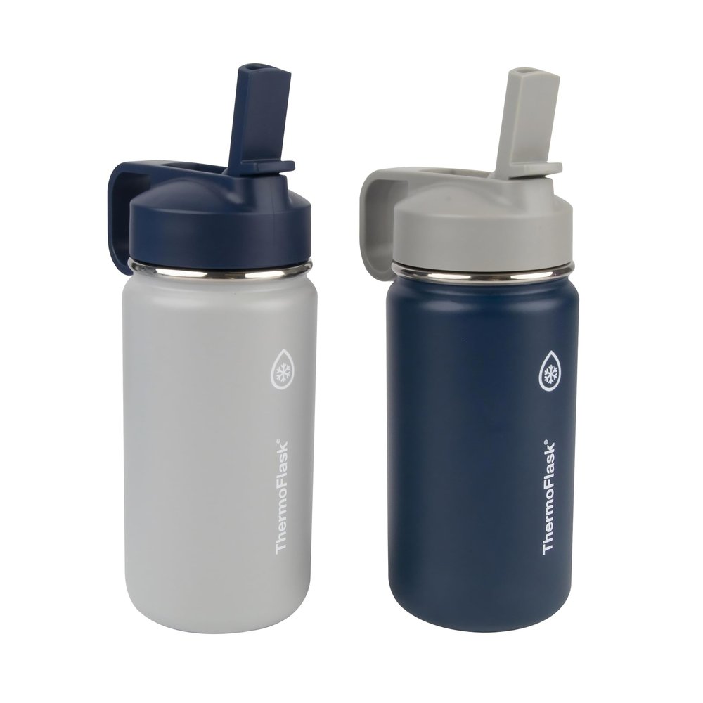 ThermoFlask Kids 14 oz Insulated Water Bottles with Straw Lid BPA-Free Stainless Steel Leakproof & Spill-Proof Design Easy Clean Wide Mouth 2-Pack for School, Sports, Playdates, Harbor Grey/Denim