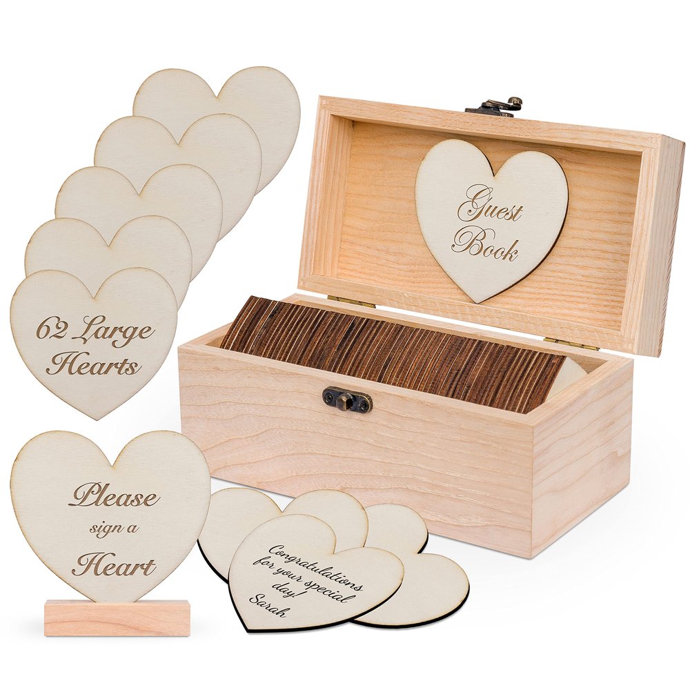 Jecor Alternative Guest Book Box - Wedding Guest Book Alternative - 62 Large Wooden Hearts - Also for Baby Shower, Bridal Shower, Anniversary, Birthday, Retirement, Funeral Guest Book Alternatives
