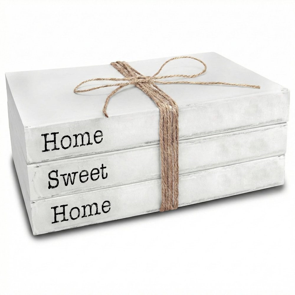 TenXVI Designs Home Sweet Home Sign Decorative Books - Set of 3 White Rustic Blank Books with Real Pages for Coffee Table Decor, Entryway Table Home Decor, Blank Books