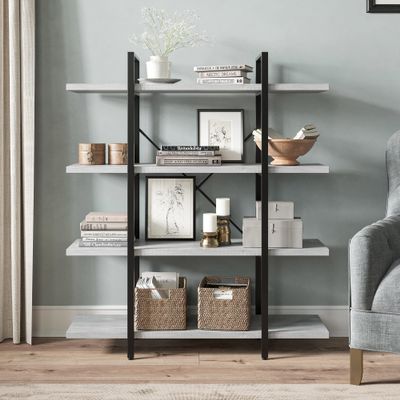 BELLEZE 4 Tier Modern Rustic Industrial Bookshelf, Open Wide Office Etagere Book Shelf, Wood and Metal Bookcases with Storage Display Rack - Hazel (Stone Grey)