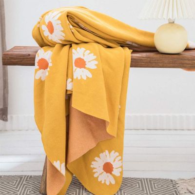 100% Cotton Knitted Yellow Daisy Flower Throw Blanket 79x90inch Summer Coverlet Home Decorative Throw Bed Sofa Couch Blanket Her Gift