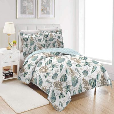 3 Pieces Beach Shell Bedspread King Size Ocean Theme Seashell Conch Summer Quilt Lightweight Thin Reversible Conch Shell Hippocampus Starfish Coral Printed Coverlet Set Coastal Bedding-Blue White