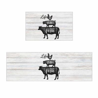 2 Pieces Kitchen Rugs and Mats Set Non Slip Rubber Backing Floor Mat Bath Carpet Accent Area Runner Thin Low Pile Indoor Doormat Sets- American Farm Animals Cow Chicken Pig Vintage Wood Board