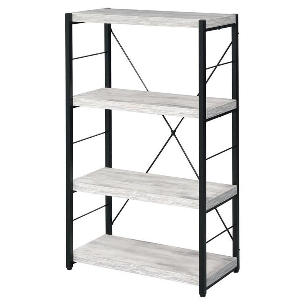 Acme Jurgen 4 Wooden Shelves Rectangular Bookshelf in Antique White and Black