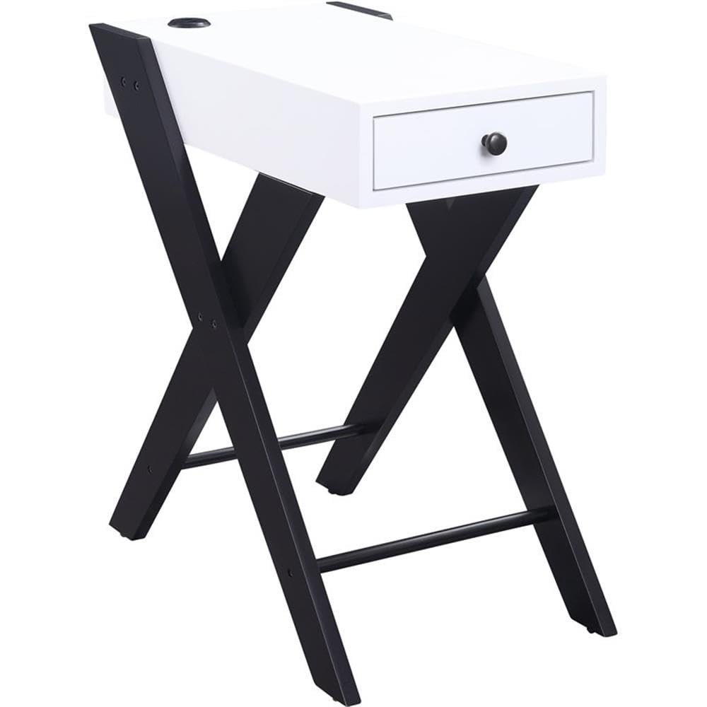Acme Fierce Wooden Side Table with USB Charging Dock in White and Black