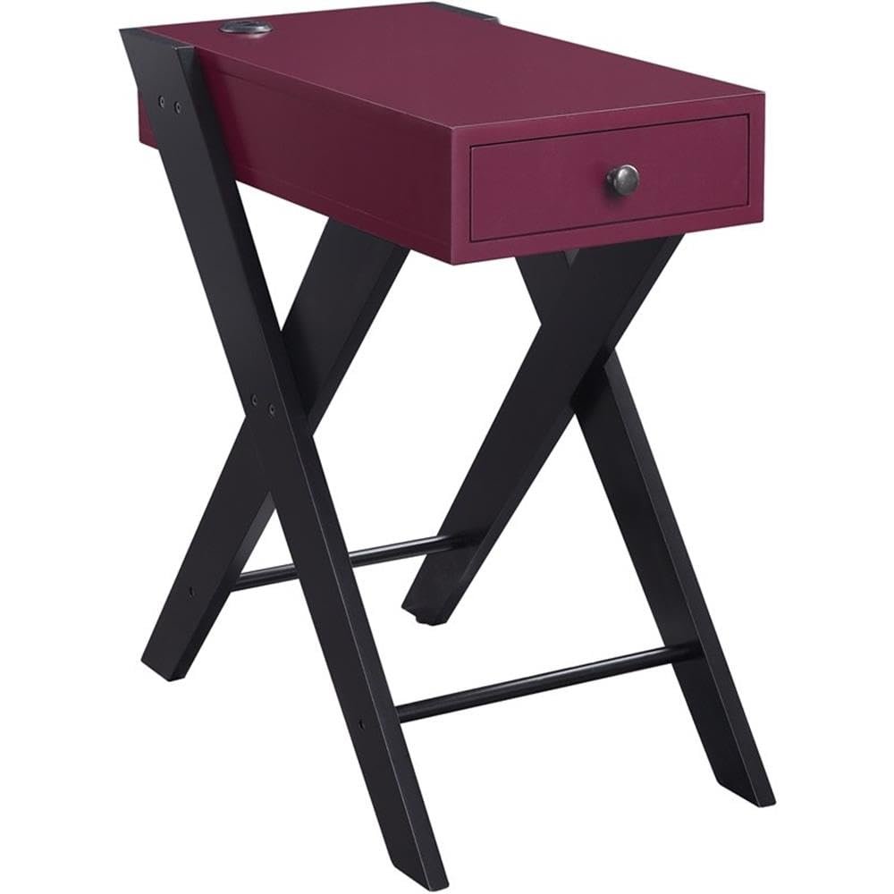 Acme Fierce Wooden Side Table with USB Charging Dock in Burgundy and Black