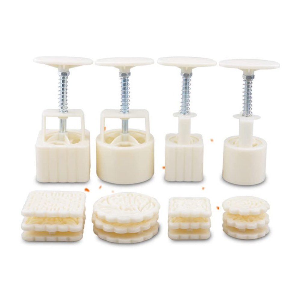 16 Pcs Mooncake Press 50-100g Round Square Hand-Pressure Moon Cake Mould (4 Pcs Compressor and 12 Pcs Stamps)