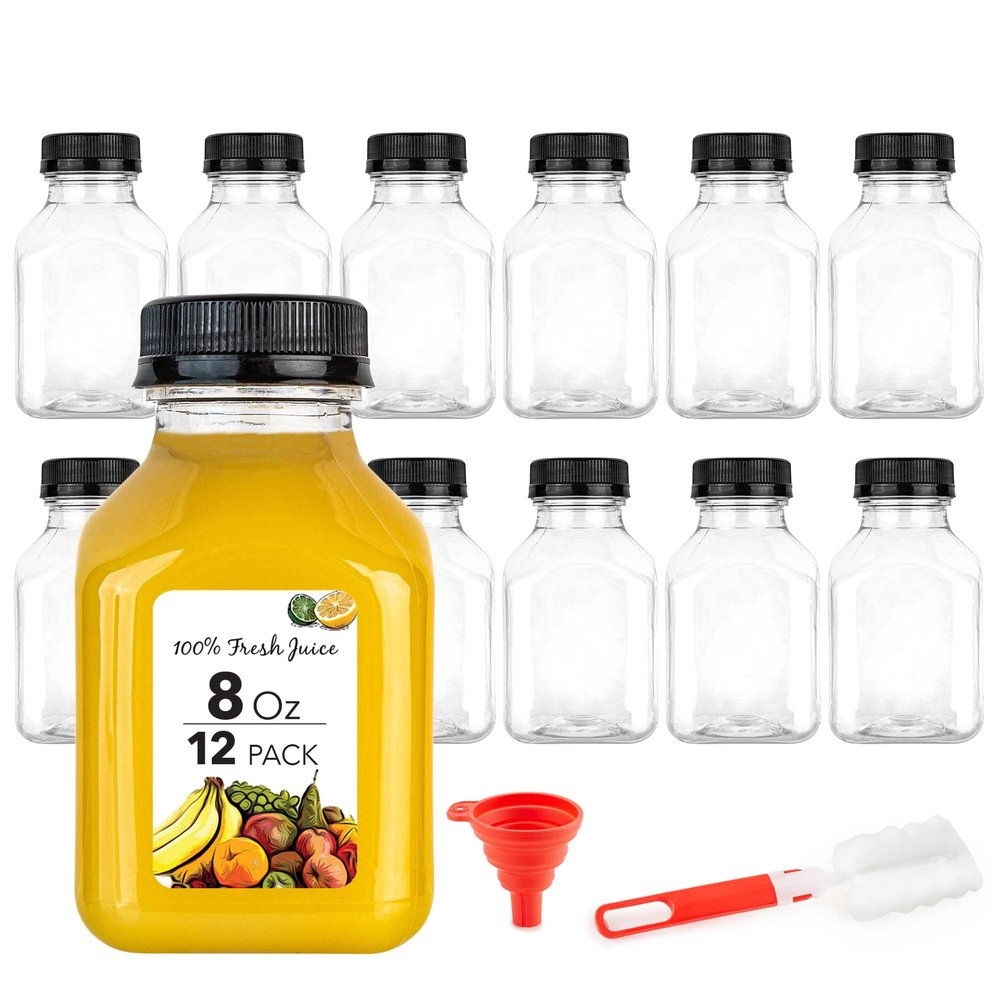 8 oz Juice Bottles with Caps - Reusable Clear Plastic Drink Containers (12 pack) - Mini Water Bottles with Labels, Brush & Funnel