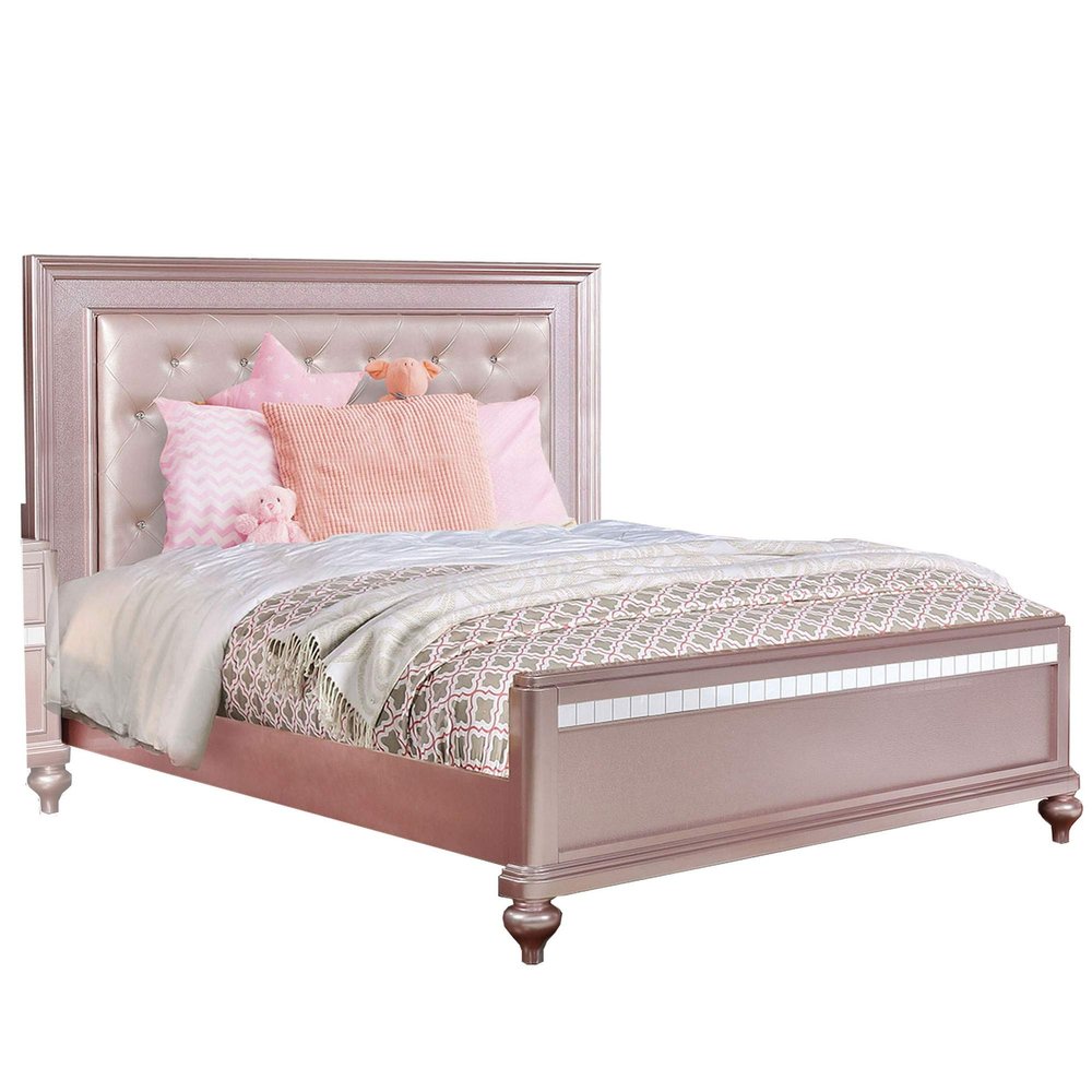 Benjara Button Tufted Full Size Bed with Leatherette Headboard