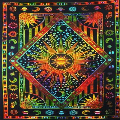 ANJANIYA Burning Sun Tie Dye Tapestry, Celestial Sun Moon Star Planet Bohemian Queen Tapestry Wall Hanging Boho Hippie Hippy Tapestry Beach Coverlet Curtain (Orange Multi, 85"X90")