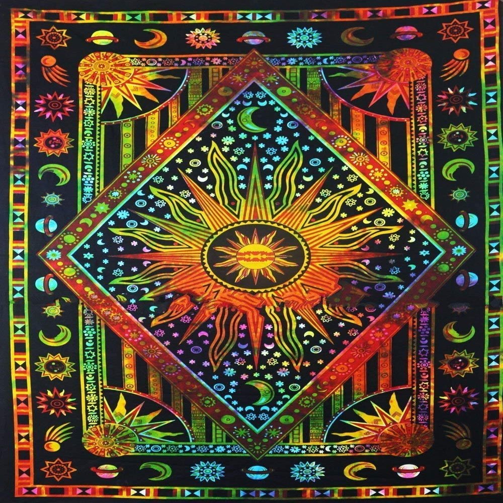 ANJANIYA Burning Sun Tie Dye Tapestry, Celestial Sun Moon Star Planet Bohemian Queen Tapestry Wall Hanging Boho Hippie Hippy Tapestry Beach Coverlet Curtain (Orange Multi, 85"X90")