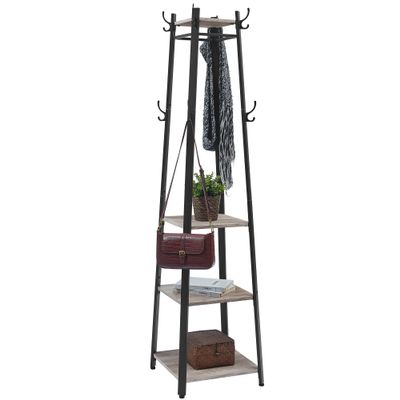 VASAGLE Coat Rack, Coat Stand with 3 Shelves, Hall Tree Free Standing with Hooks for Scarves, Bags, Umbrellas, Steel Frame, Industrial Style, for Entryway, Living Room, Greige and Black ULCR080B02
