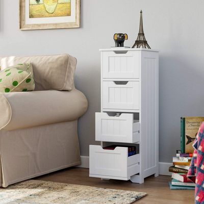 Floor Cabinet, Wooden Storage Cabinet, Free Standing Side Unit, Home Office Living Room Bathroom Side Table, Sturdy Modern 4 Drawers Organizer Night Stand, White (11.82 x11.82 x32.29)