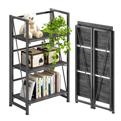 4NM No Assembly Folding Bookshelf Storage Shelves 3 Tiers Vintage Bookcase Standing Racks Study Organizer Home Office (Gray Black)