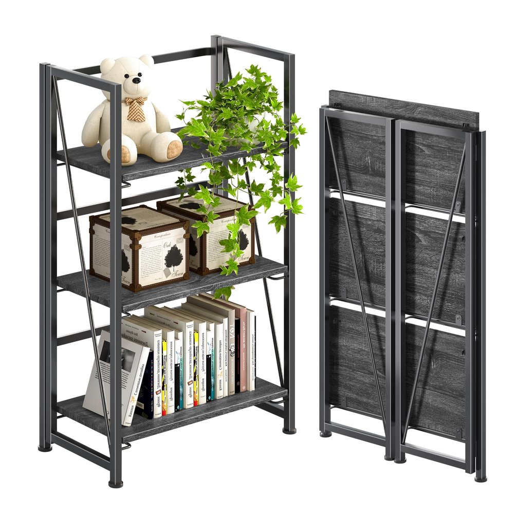 4NM No Assembly Folding Bookshelf Storage Shelves 3 Tiers Vintage Bookcase Standing Racks Study Organizer Home Office (Gray Black)