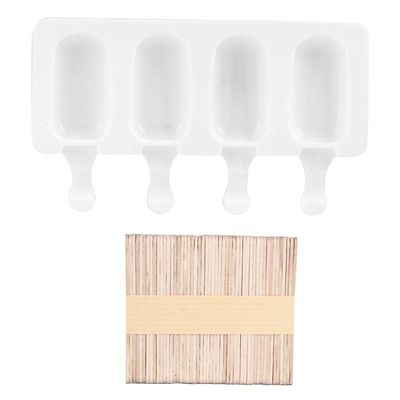 Fdit 4-Grid Silicone Ice Food Grade Ice Cream DIY Reusable Easy Release Ice Bar Making Tool with Stick for Home Kitchen Accessory