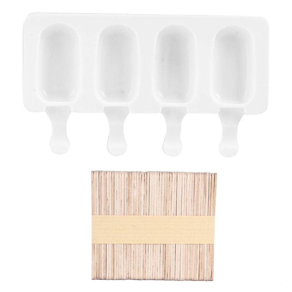 Fdit 4-Grid Silicone Ice Food Grade Ice Cream DIY Reusable Easy Release Ice Bar Making Tool with Stick for Home Kitchen Accessory