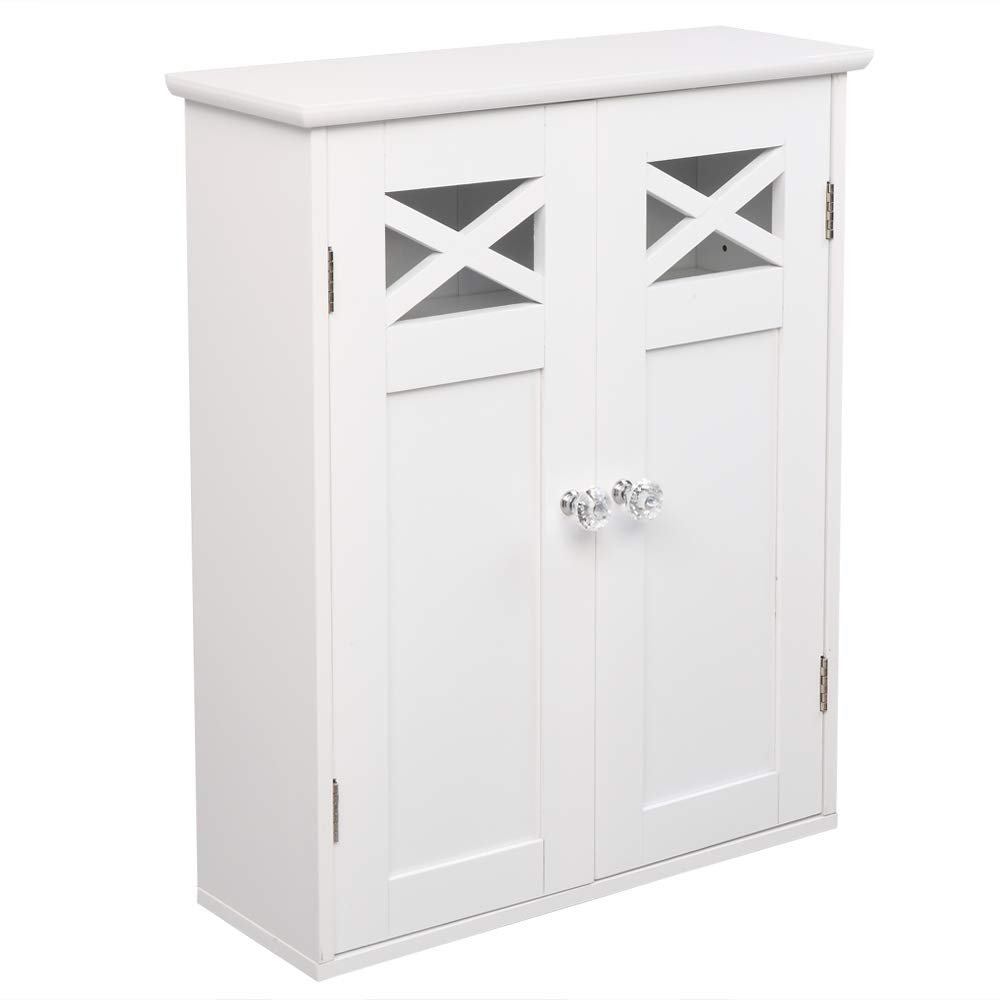 Road.Ahead White Wall Mounted Wall Cabinet,Two-Door Wall Cabinet, Medicine Cupboard, Hanging Bathroom Storage with Height Adjustable Shelf and Rod Medicine Cabinets- White