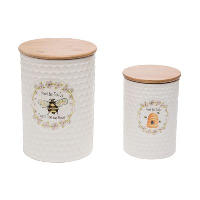 Set of 2 Honey Bee Tea Ceramic Jar Storage Canister Airtight Dolomite Containers