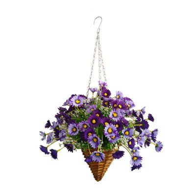 19.7" Silk Chain Hanging Flowers Wicker Cone Basket Artificial Daisy Purple