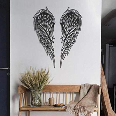 Angel Wings Metal Wall Art, 100% Metal 2D, Sculpture, Large and Wide - Wall Hanging for Living Room, Bedroom, Dorm, Gift for Her, Heart Shap (Black)
