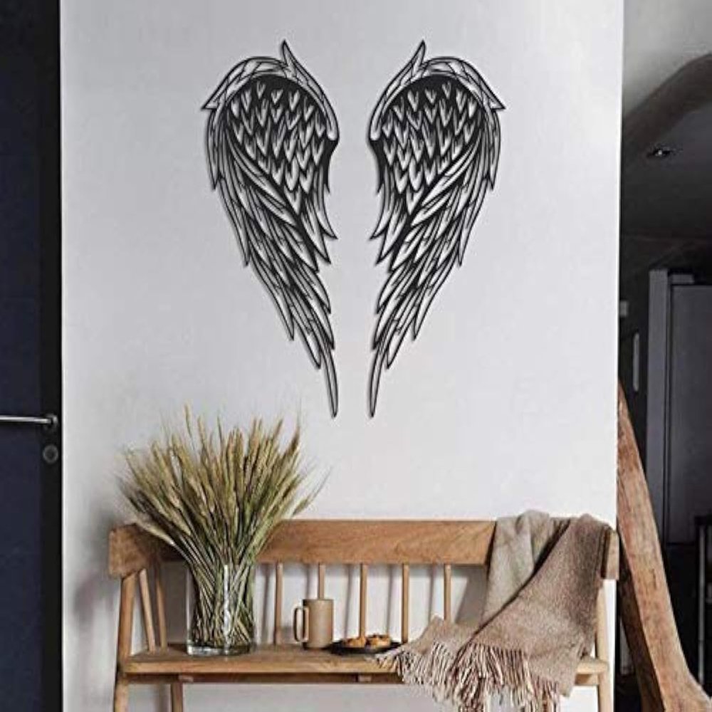 Angel Wings Metal Wall Art, 100% Metal 2D, Sculpture, Large and Wide - Wall Hanging for Living Room, Bedroom, Dorm, Gift for Her, Heart Shap (Black)