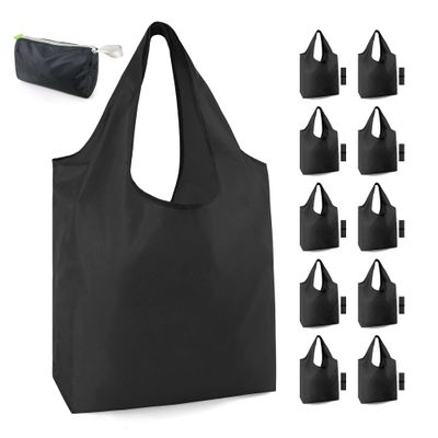 BeeGreen 10 Pack Black Reusable Grocery Bags with Storage Pouch Reusable Shopping Bags Bulk with Elastic Band 50LBS X-Large-Foldable-Washable-Heavy Duty-Waterproof Grocery Tote Bags