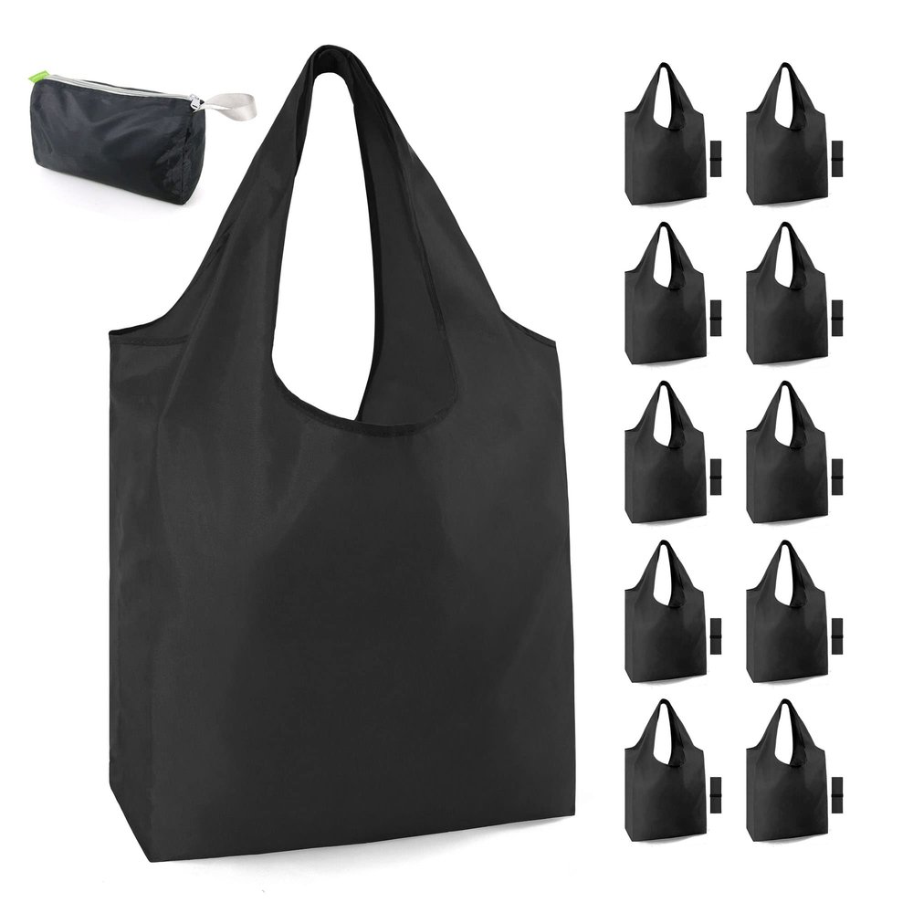 BeeGreen 10 Pack Black Reusable Grocery Bags with Storage Pouch Reusable Shopping Bags Bulk with Elastic Band 50LBS X-Large-Foldable-Washable-Heavy Duty-Waterproof Grocery Tote Bags