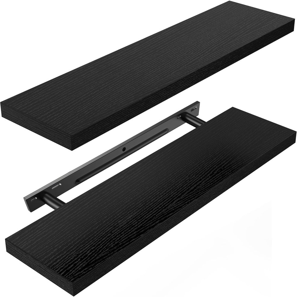 AMADA HOMEFURNISHING Floating Shelves Wall Mounted, 24 x 7 Inch Wall Shelves for Bathroom, Bedroom, Living Room, Black Shelves Set of 2