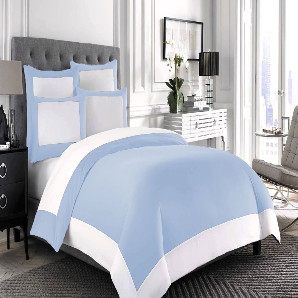 Bedding Empire 5 Piece Set Designer Border Reversible Duvet Cover Set with Extra Pillowcase Zipper Closure 100% Egyptian Cotton 500 Thread Count Queen Size, SkyBlue/White Color