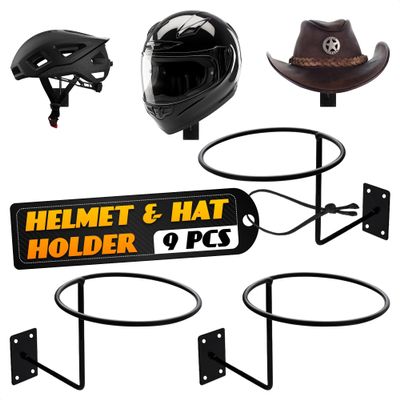 9 Pcs Helmet Holder Wall Mount - Reliable Cowboy Hat Holder for Wall Made of Sturdy Metal, Easy & Firm Installation, Convenient Storage of Helmets & Hats for Entryway Organization - 35 Lbs Max Load