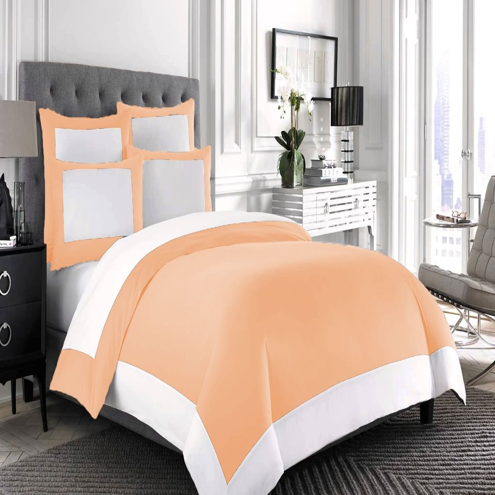 Bedding Empire 5 Piece Set Designer Border Reversible Duvet Cover Set with Extra Pillowcase Zipper Closure 100% Egyptian Cotton 500 Thread Count King Size, Peach/White Color