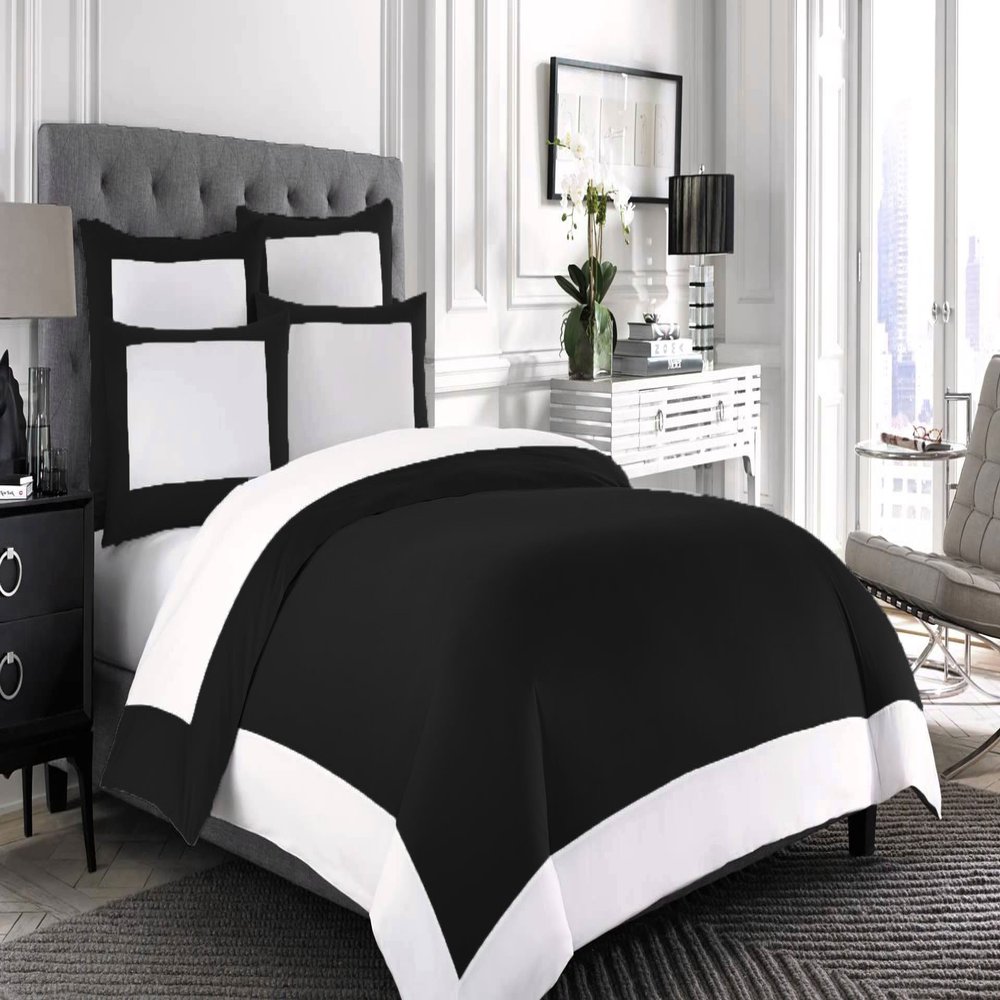 Bedding Empire 5 Piece Set Designer Border Reversible Duvet Cover Set with Extra Pillowcase Zipper Closure 100% Egyptian Cotton 500 Thread Count King Size, Black/White Color